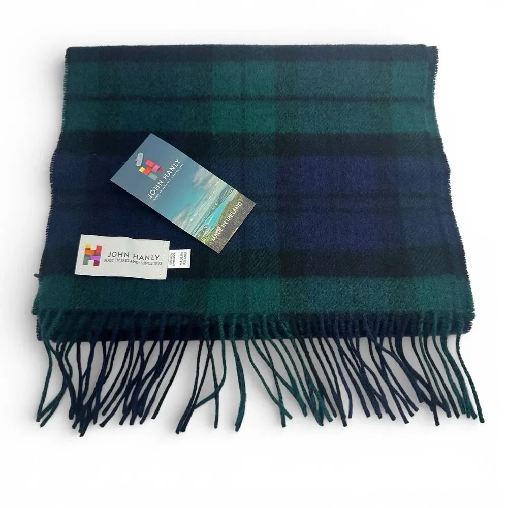 John Hanly 100% Lambswool Scarf Tartan Plaid Green & Blue 65